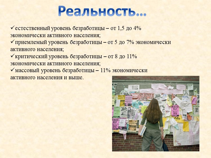 естественный уровень безработицы – от 1,5 до 4% экономически активного населения; приемлемый уровень безработицы